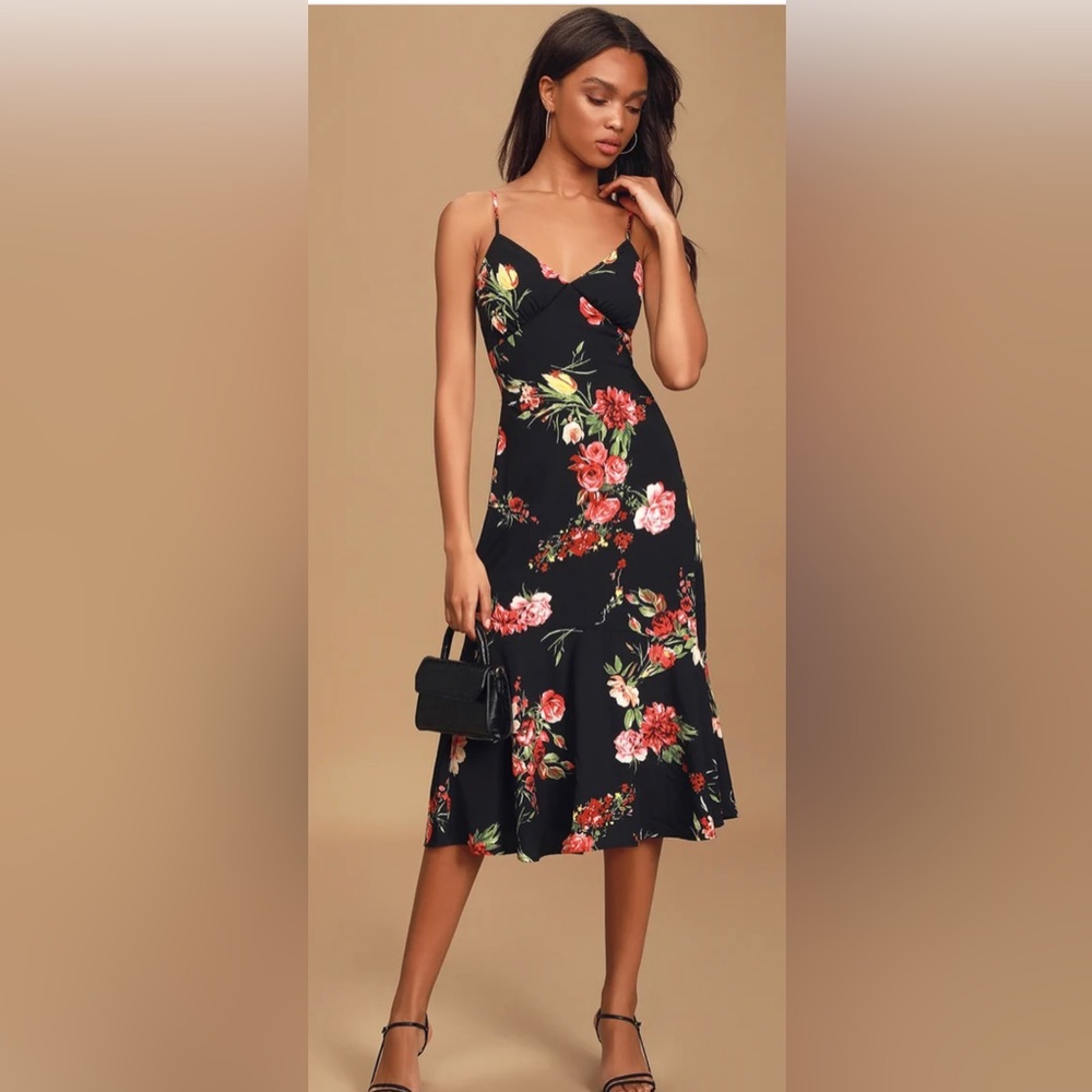Black & Red Floral Midi Dress NEW WITH TAGS
